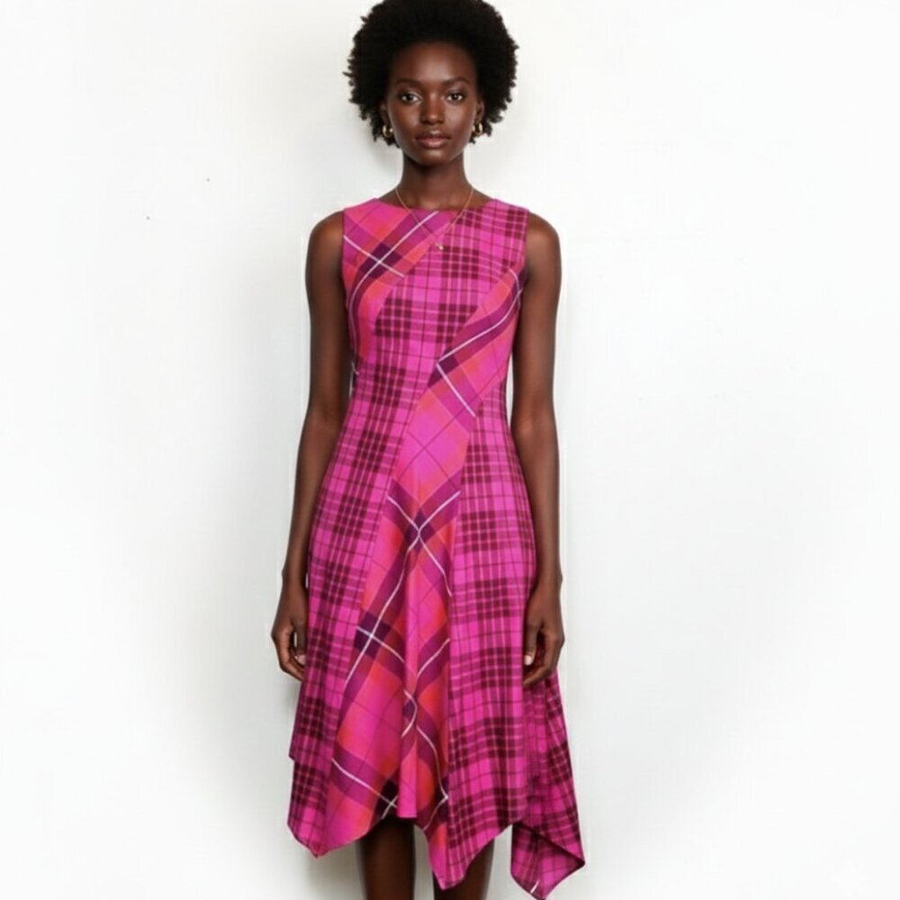 NWT Trina Turk Pink Plaid Asymmetrical Dress Fully Lined $358